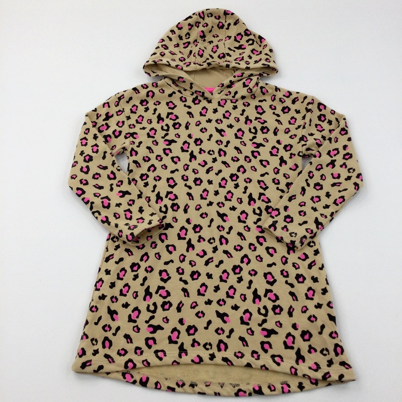 Animal Print Beige Hooded Sweatshirt Dress - Girls 6-8 Years