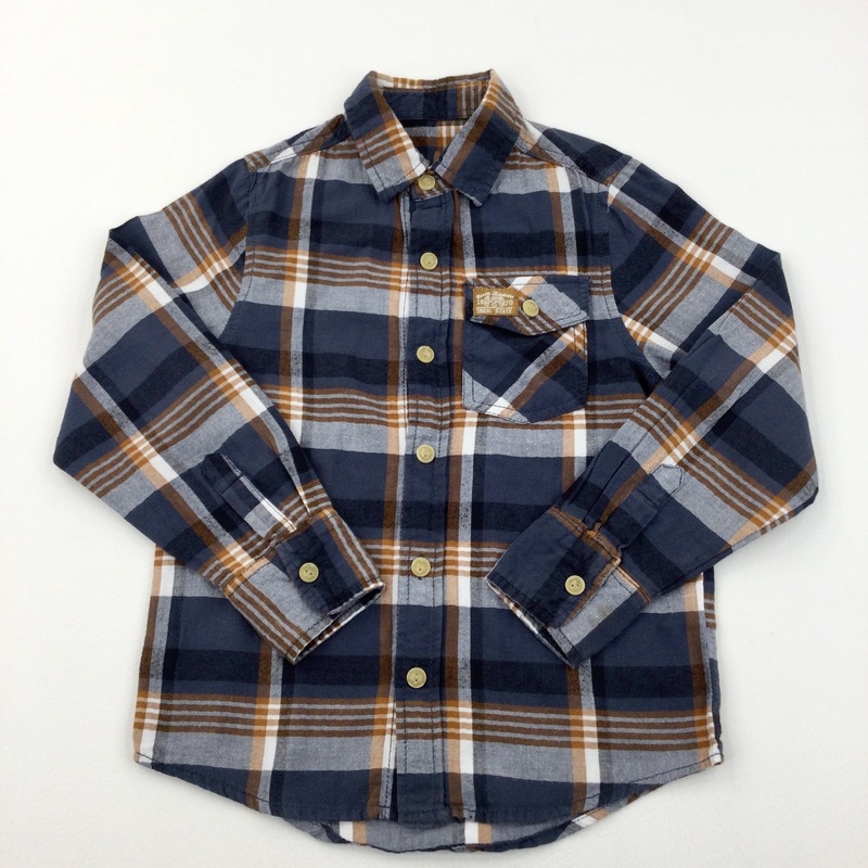 Grey, Tan & White Checked Long Sleeve Shirt - Boys 7-8 Years