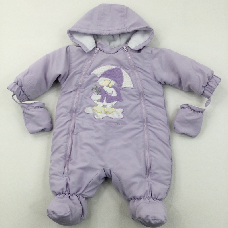 'Little Ducks Play In The Rain' Lilac Fleece Lined Pramsuit - Boys 3-6 Months