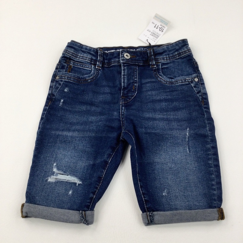**NEW** Dark Blue Distressed Denim Shorts With Adjustable Waist - Boys 10-11 Years