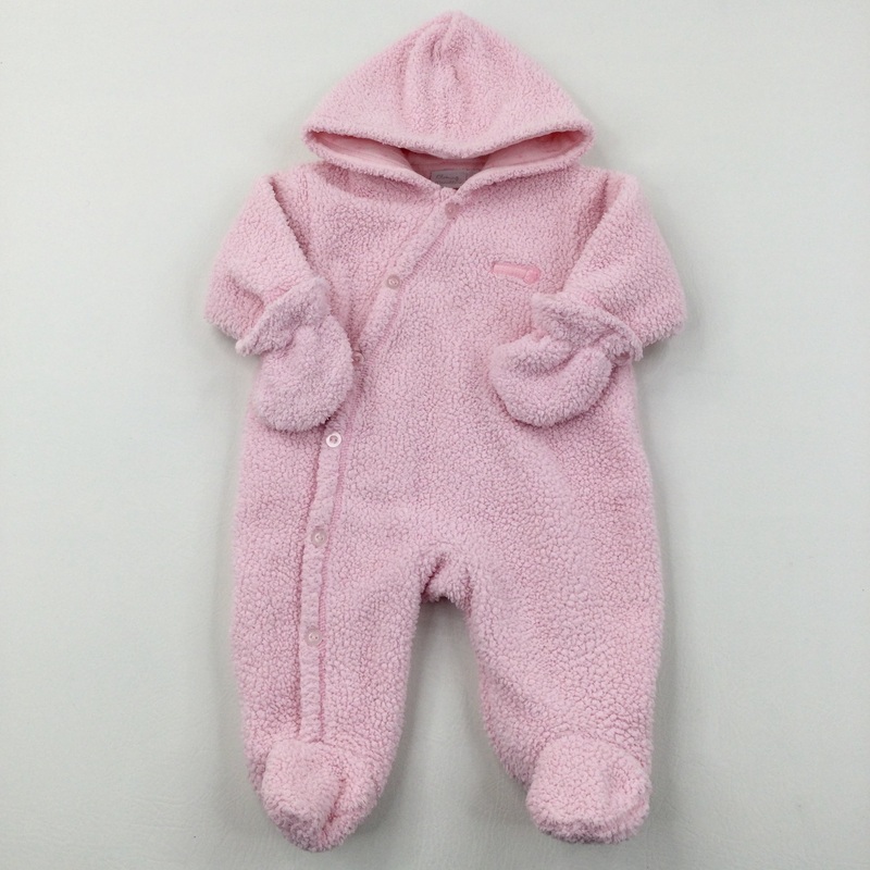 Pink Fleece Pramsuit With Detachable Mitts - Girls 0-3 Months