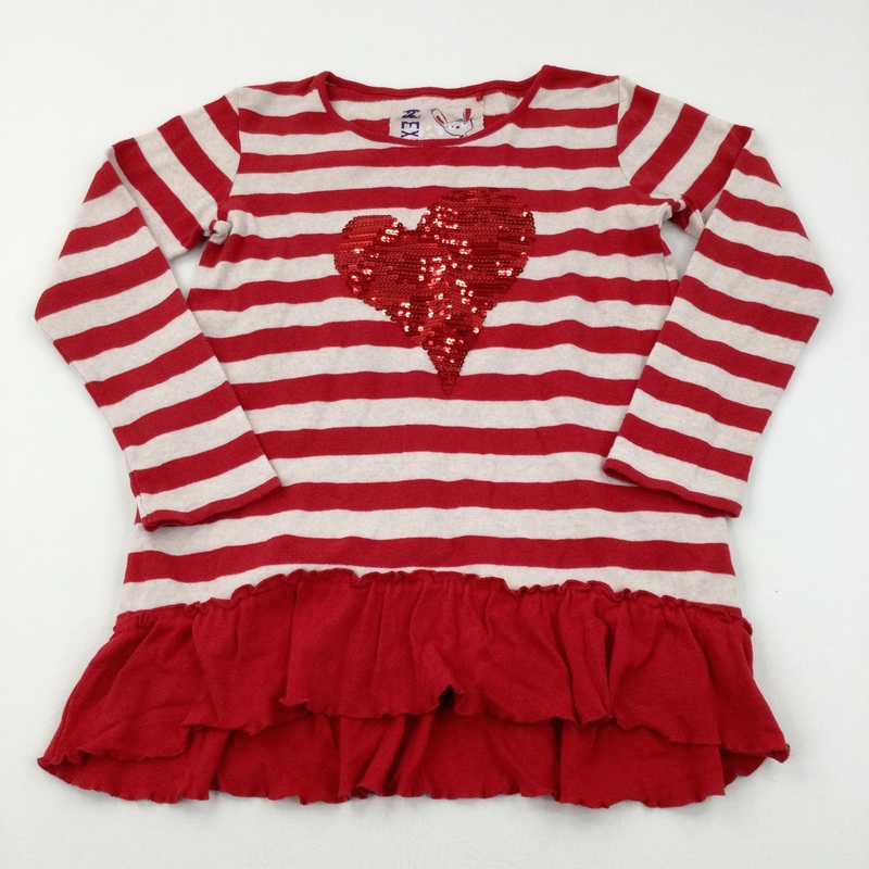 Sequin Heart Red & Cream Striped Tunic Top - Girls 11 Years