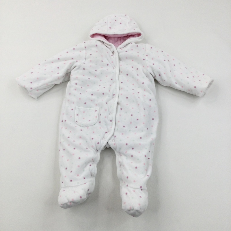 Spotty White Fleece Padded Pramsuit - Girls 3-6 Months