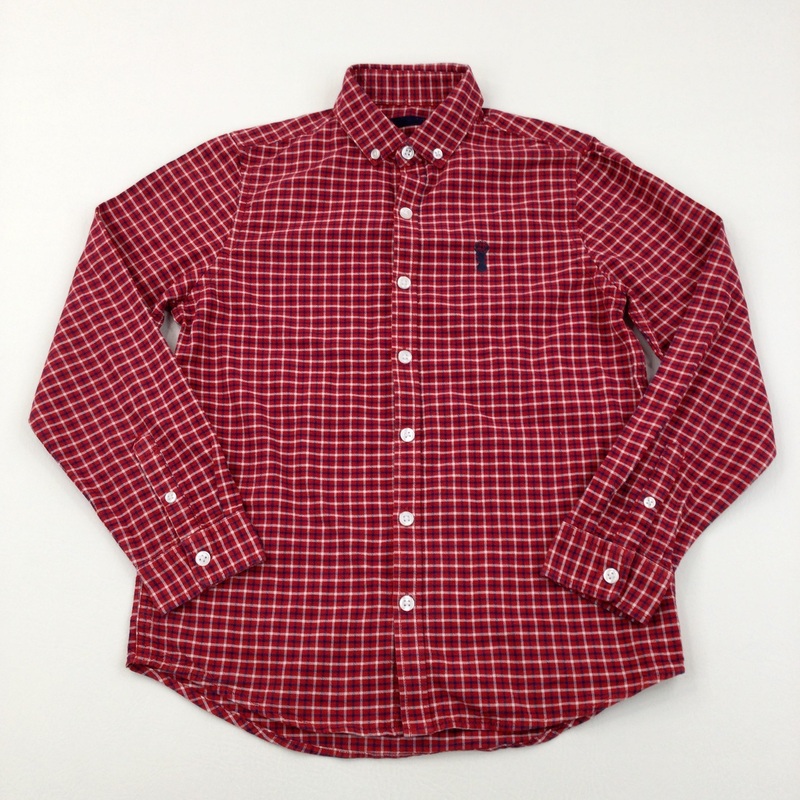 Stag Motif Red, White & Navy Checked Long Sleeve Shirt - Boys 11 Years