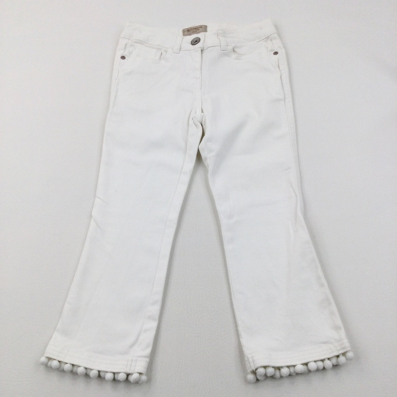 White Denim Jeans With Pom Pom Hems & Adjustable Waist - Girls 9 Years
