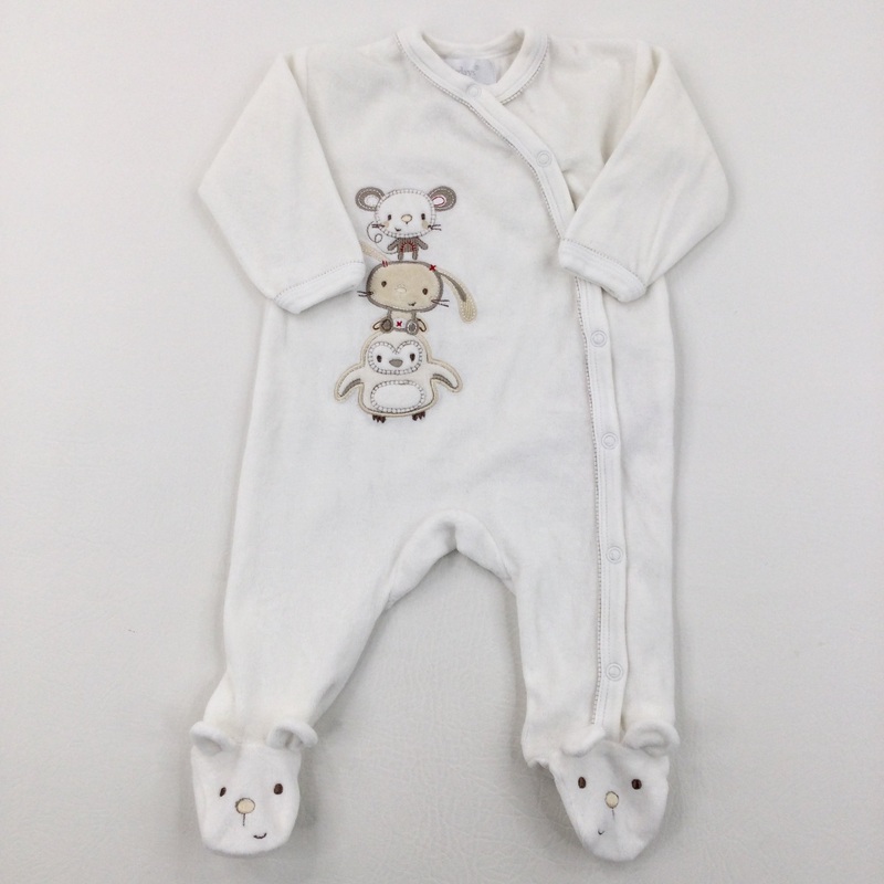 Woodland Creatures Cream Velour Babygrow - Boys/Girls 0-3 Months