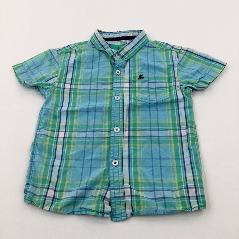 Bull Motiff Green & Blue Checked Short Sleeve Shirt - Boys 3-4 Years