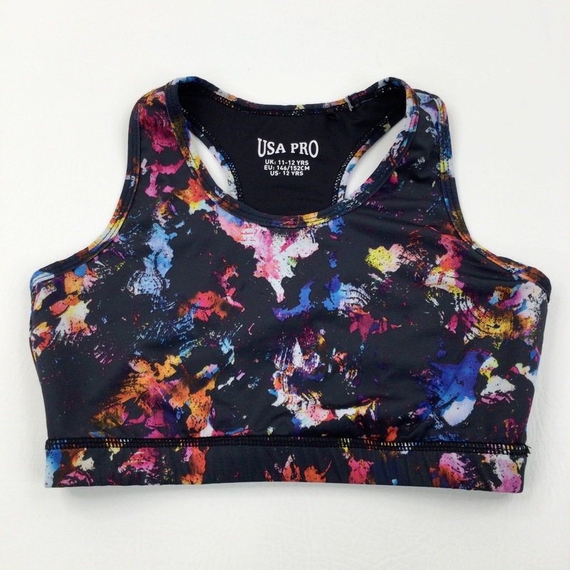 Colourful Pattern Black Sports Crop Top - Girls 11-12 Years