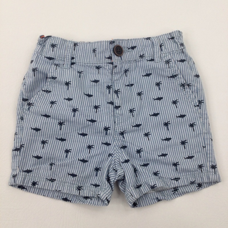 Sharks & Palm Trees Striped Blue Shorts With Adjustable Waist - Boys 18-24 Months