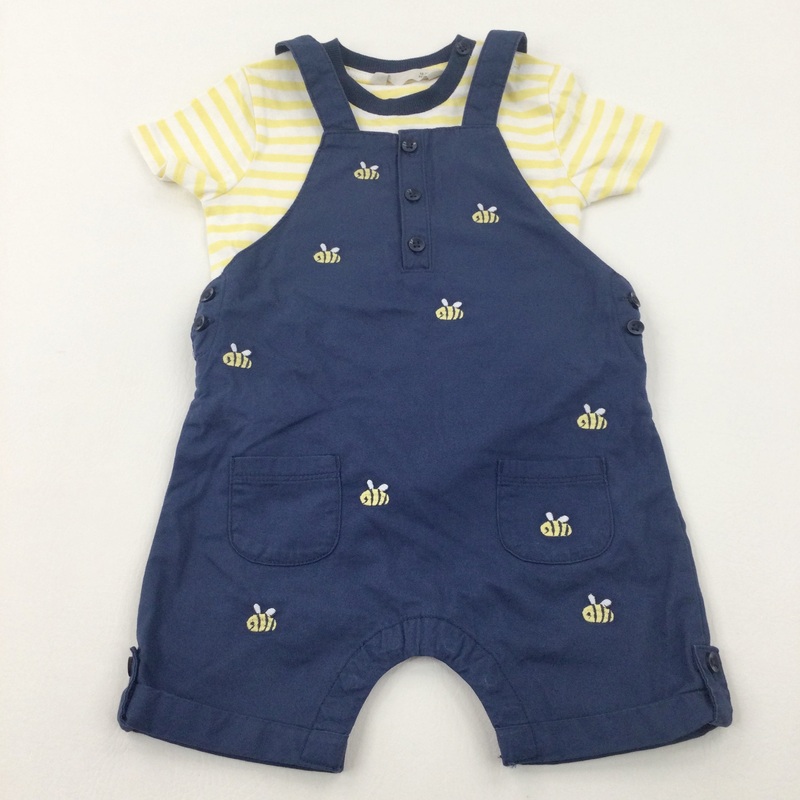 Bees Embroidered Blue Short Dungarees & Yellow Striped T-Shirt - Boys 18-24 Months