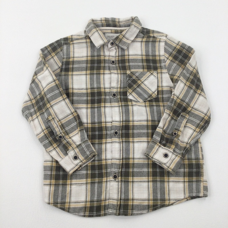 Khaki, Mustard & White Checked Long Sleeve Shirt - Boys 4-5 Years