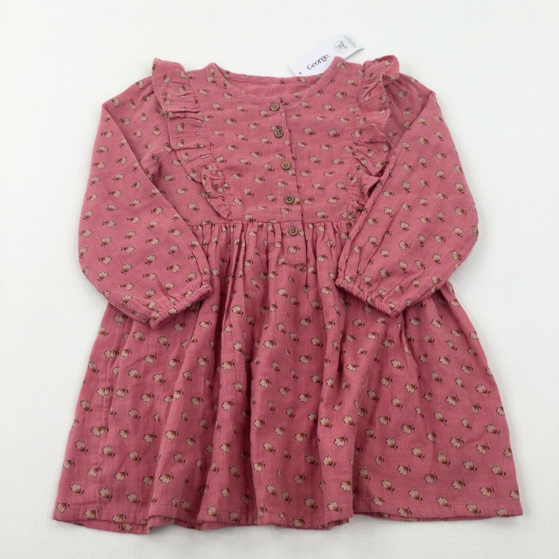 **NEW** Flowers Pink Cotton Long Sleeve Dress - Girls 2-3 Years