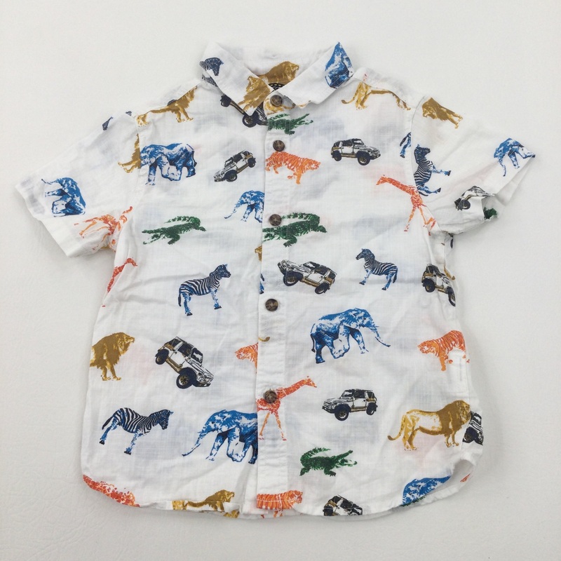 Safari Animals White Short Sleeve Shirt - Boys 3-4 Years