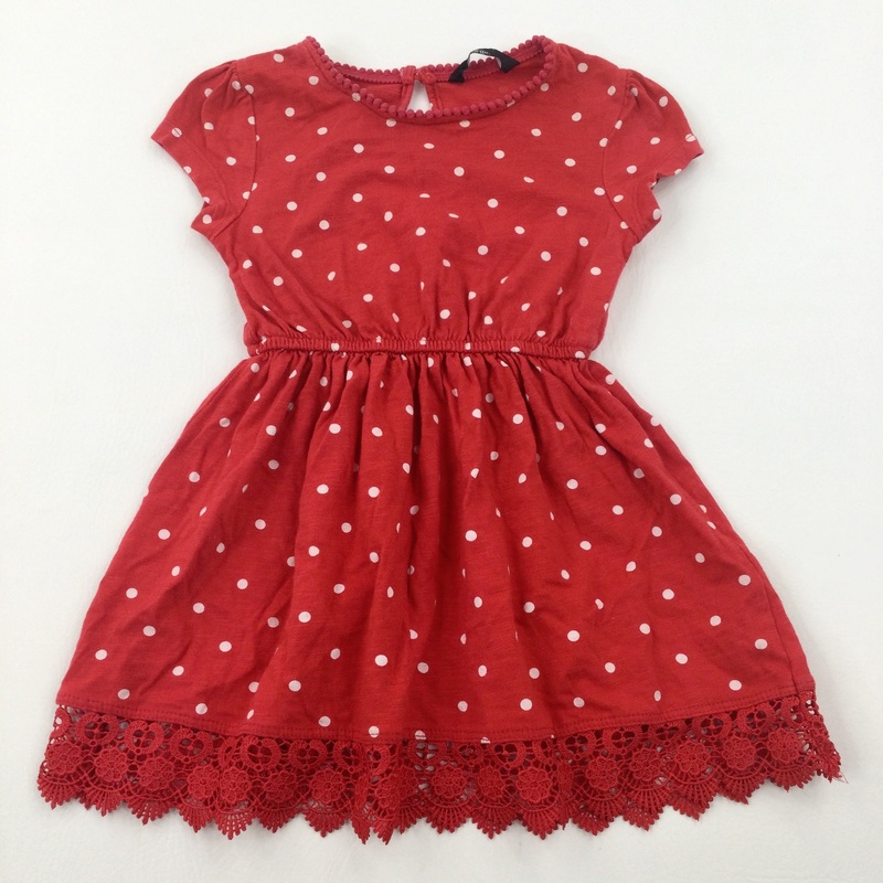 Spotty Red & White Jersey Dress With Lace Hem  - Girls 2-3 Years