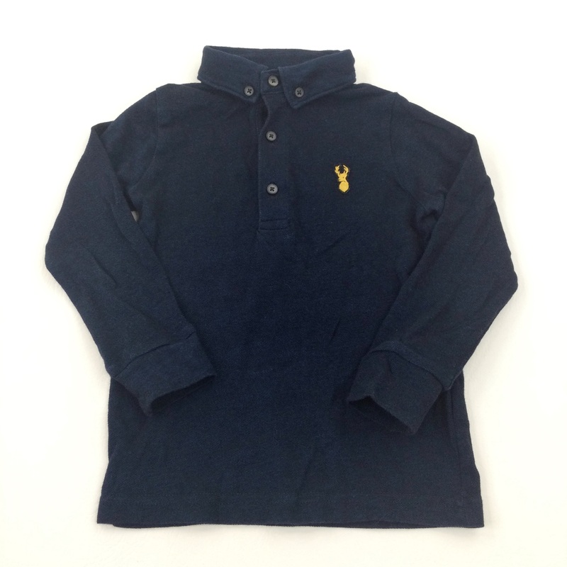 Stag Motif Navy Collared Long Sleeve Top - Boys 3-4 Years