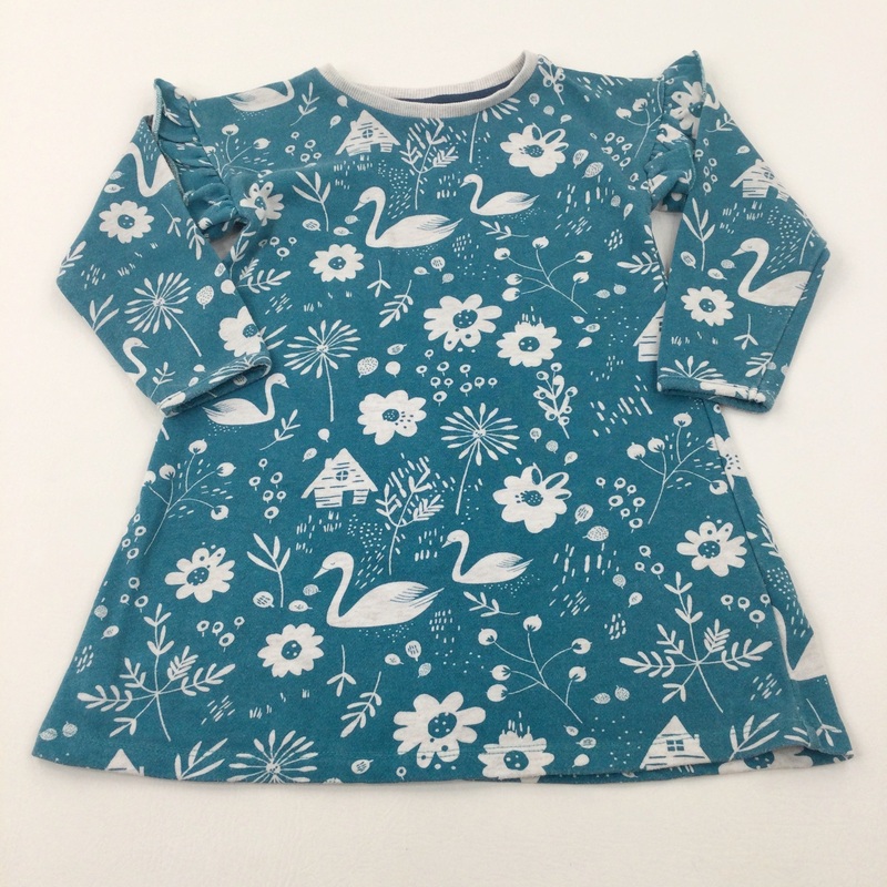 Swans & Flowers Teal Thick Jersey Dress - Girls 3-4 Years