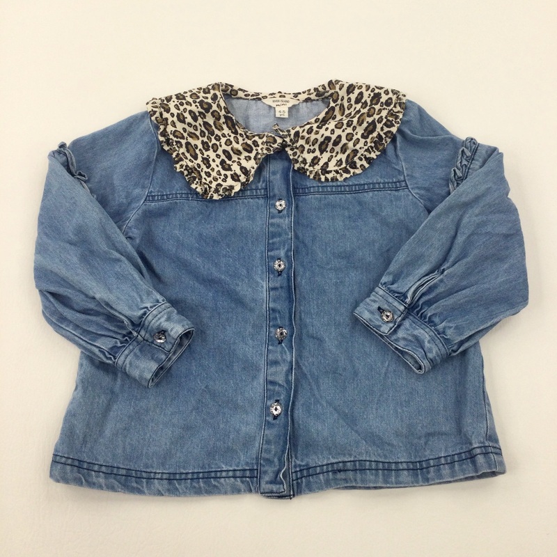 Blue Denim Blouse With Animal Print Collar - Girls 4-5 Years
