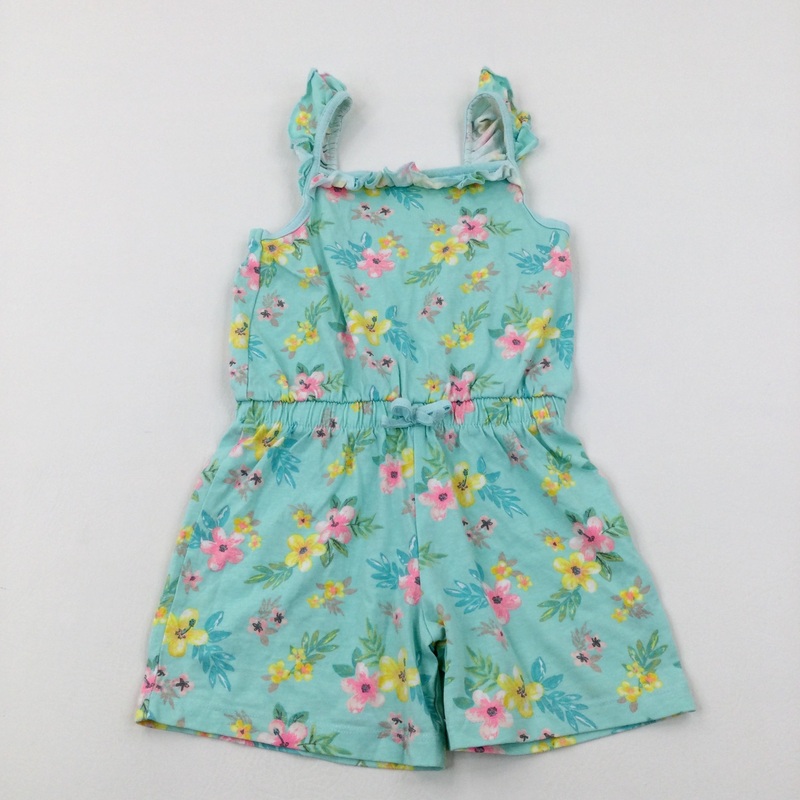 Colourful Flowers Green Cotton Playsuit - Girls 5-6 Years