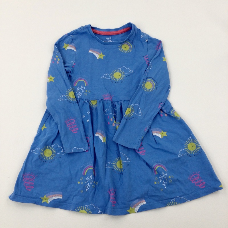 'Radiate Positivity' Sun & Stars Blue Cotton Long Sleeve Dress - Girls 3-4 Years