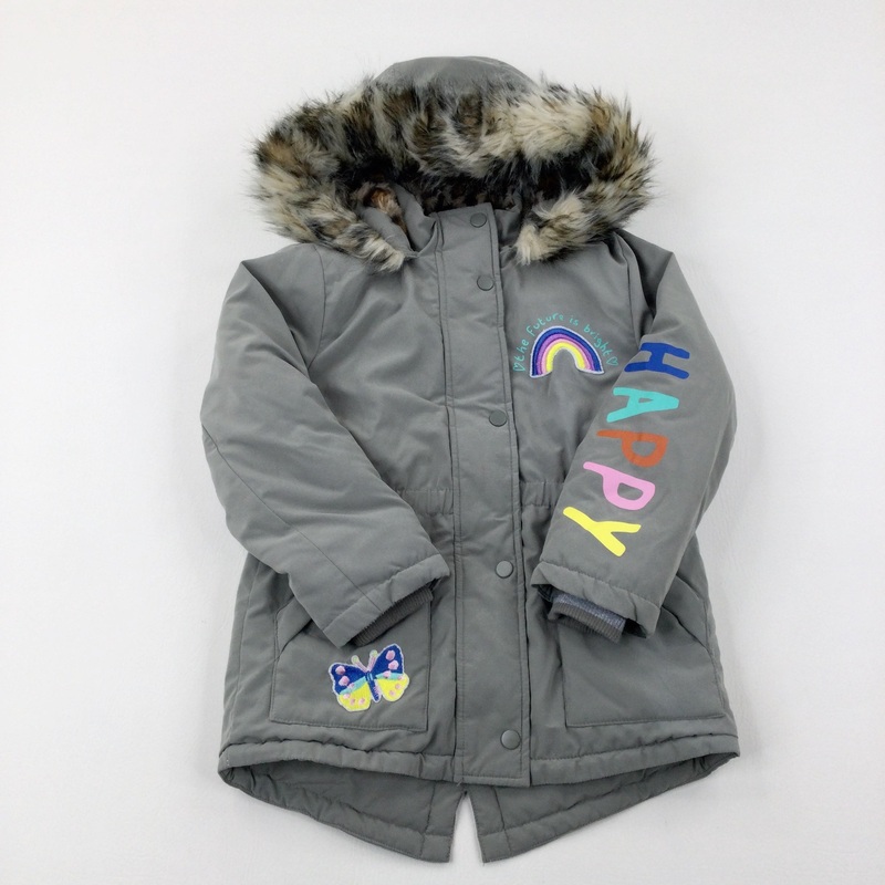 'The Future Is Bright' Rainbow Embroidered Green Coat With Fluffy Hood - Girls 6-7 Years