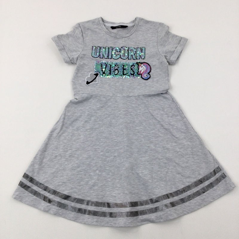 'Unicorn Vibes' Sequin Grey Short Sleeve Dress - Girls 7-8 Years