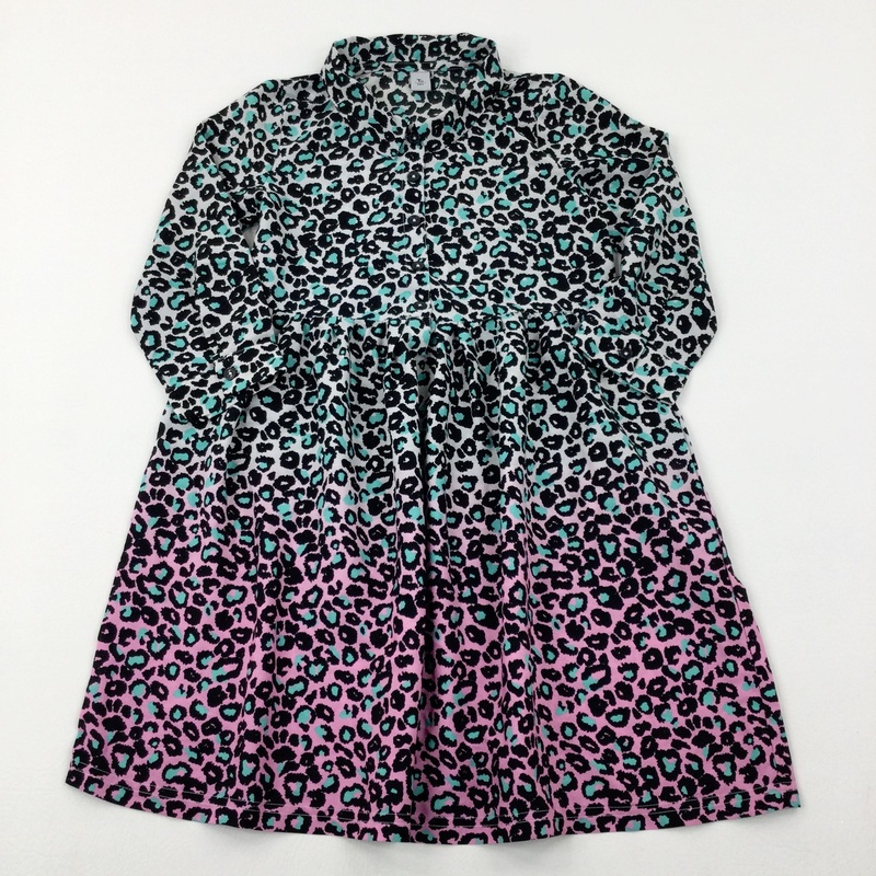 Animal Print Green & Pink Long Sleeve Dress - Girls 8-9 Years