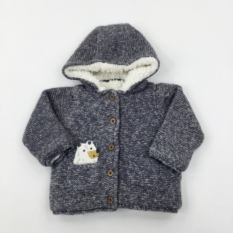 Bear Embroidered Grey Fleece Lined Knitted Coat - Boys 9-12 Months