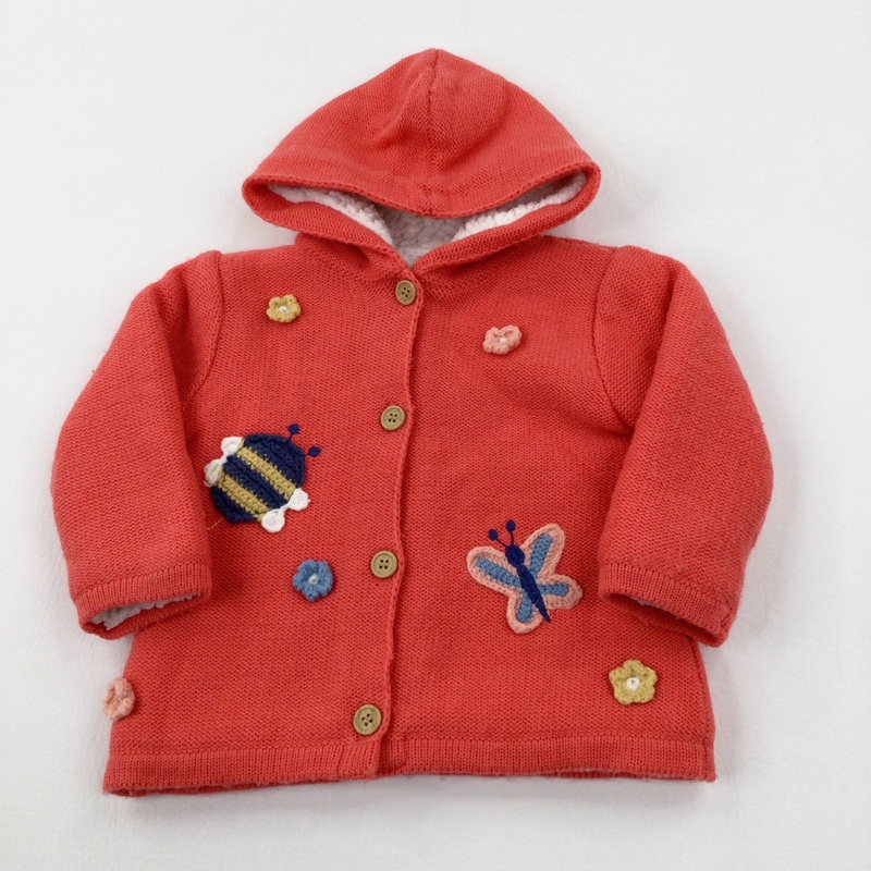 Bee & Butterfly Embroidered Coral Pink Fleece Lined Knitted Jacket - Girls 6-9 Months