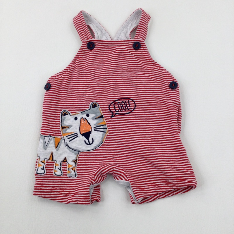 'Cool!' Tiger Appliqued Striped Red Short Dungarees - Boys 3-6 Months