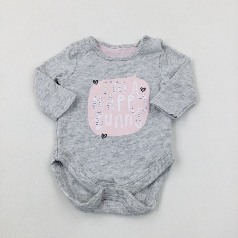 'I'm A Happy Bunny' Hearts Grey Long Sleeve Bodysuit - Girls Newborn