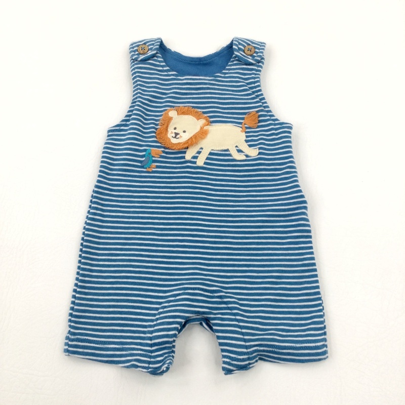 Lion Embroidered Blue Striped Sleeveless Romper - Boys Newborn