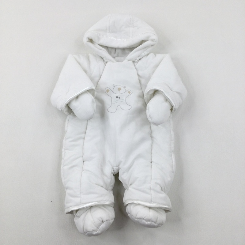 'My First Teddy' White Fleece Lined Pramsuit with Detachable Mittens & Booties  - Boys/Girls Newborn