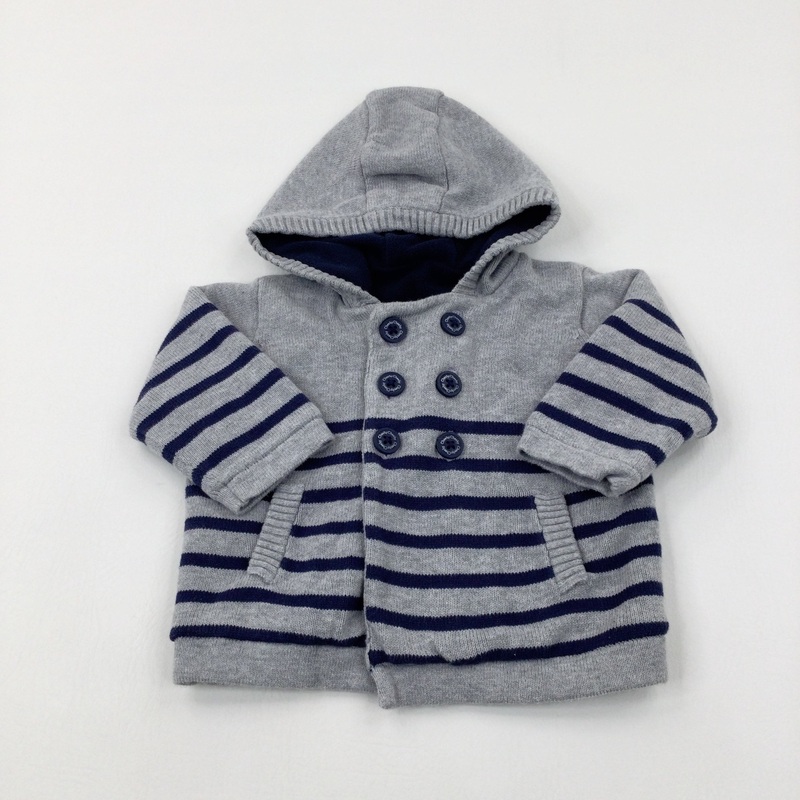Striped Navy & Grey Fleece Lined Knitted Coat - Boys 3-6 Months