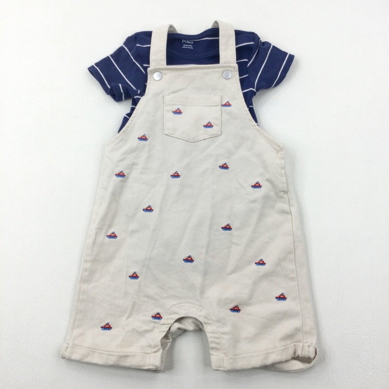Boats Embroidered Cream Short Dungarees & Navy Striped Bodysuit Set  - Boys 18-24 Months