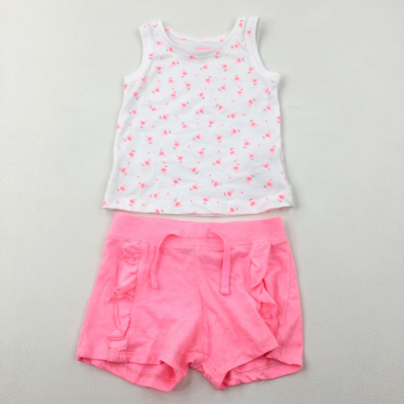Flamingoes White Vest & Neon Pink Jersey Shorts Set - Girls 12-18 Months