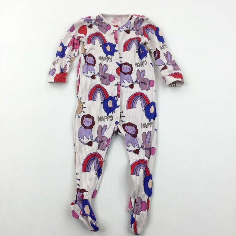 'Happy' Animals & Rainbows White Ribbed Babygrow - Girls 9-12 Months