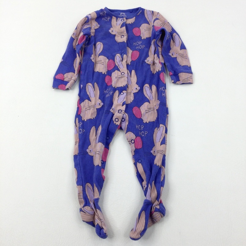 'Hop Hop' Bunnies Purple Ribbed Babygrow - Girls 9-12 Months