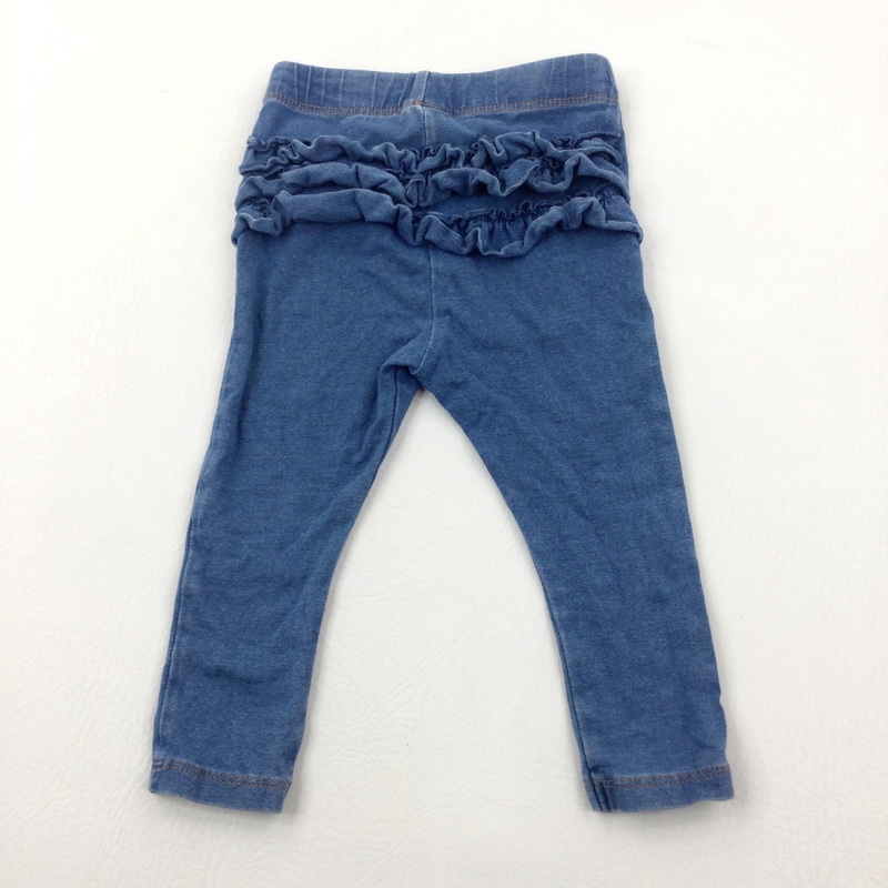 Mid Blue Denim Effect Jeggings With Frills On Bottom - Girls 6-9 Months