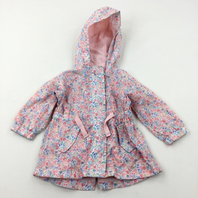 Pink & Blue Flowers Showerproof Jacket With Hood - Girls 9-12 Months