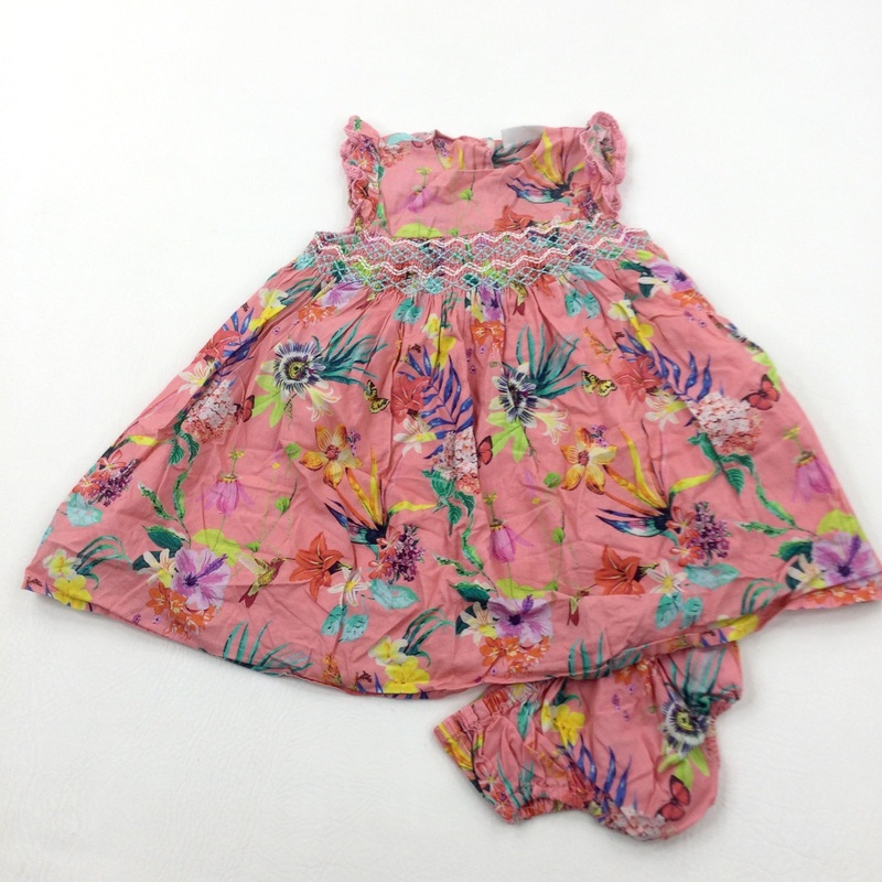 Tropical Flowers Pink Lined Cotton Summer Dress With Matching Nappy Pants - Girls 9-12 Months