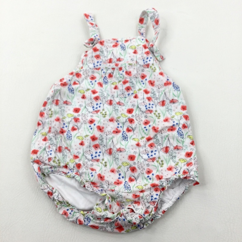 Wildflowers White Lined Cotton Romper - Girls 12-18 Months