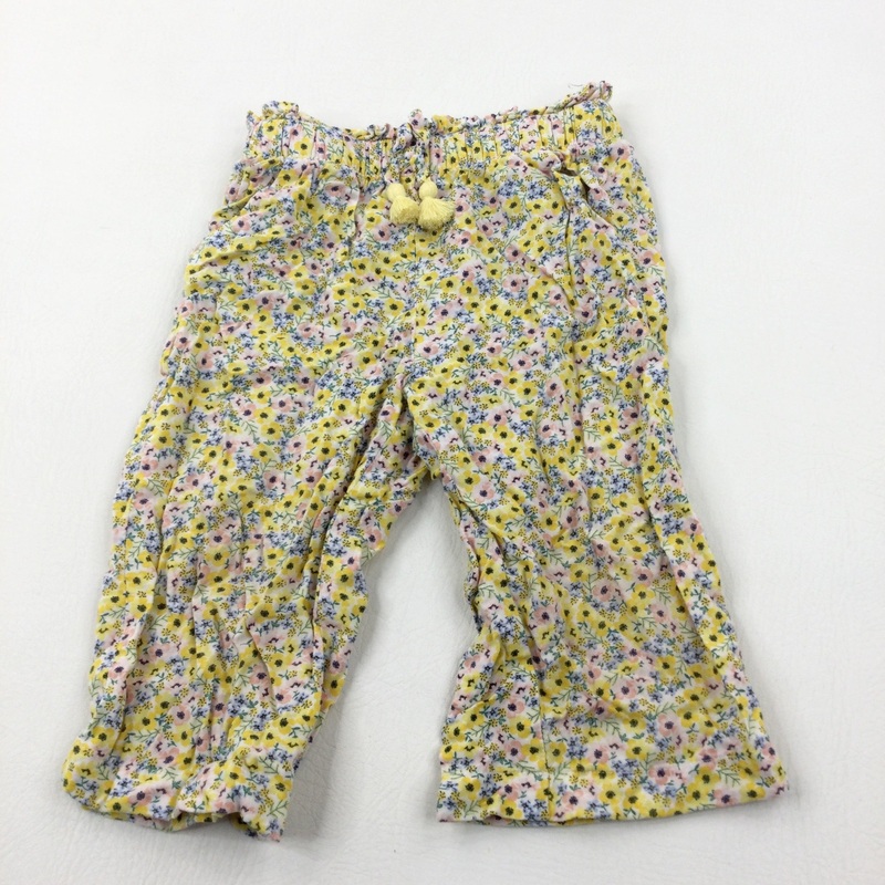 Yellow & Pink Flowers Lightweight Wide-Leg Trousers - Girls 18-24 Months