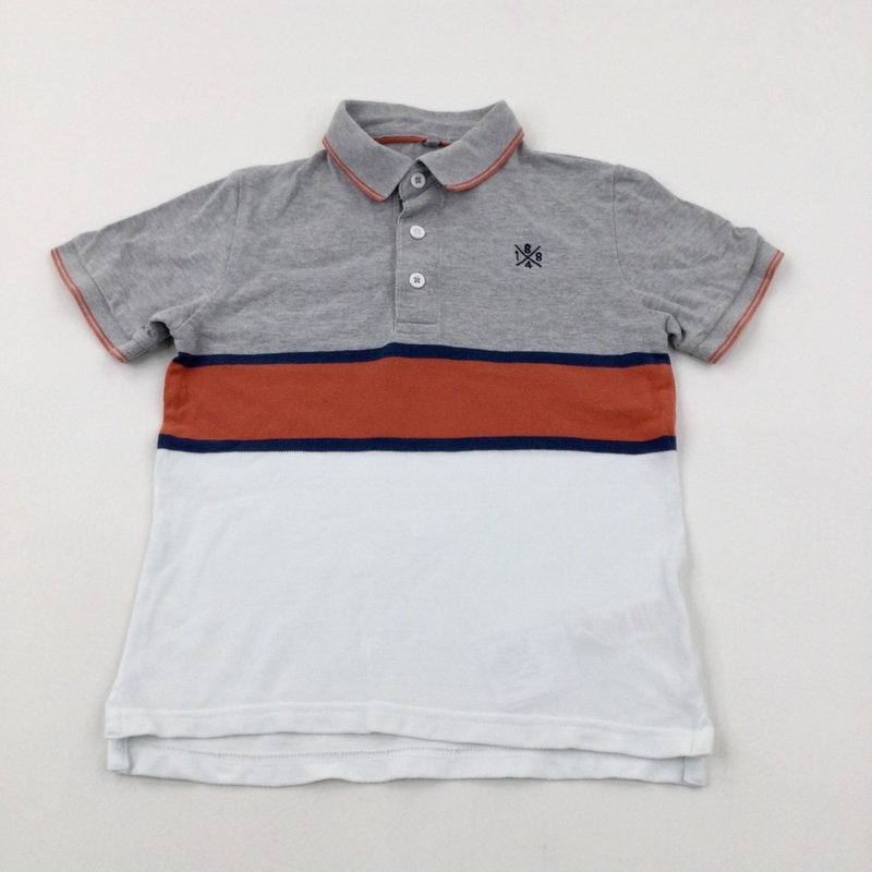 '1884' Embroidered Grey, Orange & White Striped Polo Shirt - Boys 7-8 Years