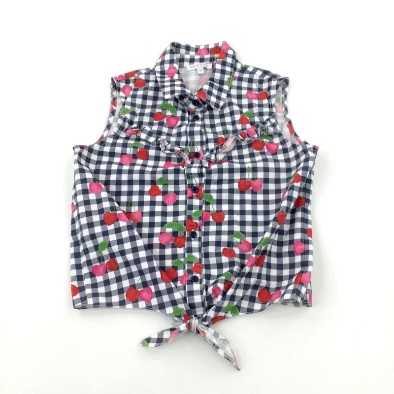 Cherries Checked Blue Sleeveless Shirt - Girls 10-11 Years