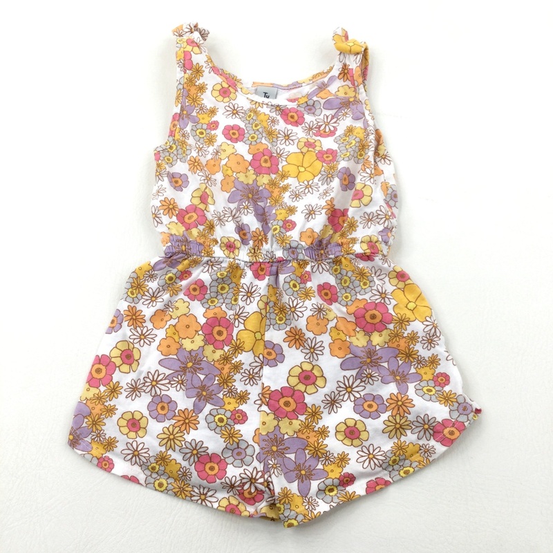 Colourful Flowers White Cotton Jersey Playsuit - Girls 3-4 Years