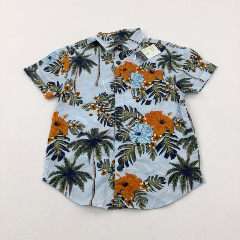 **NEW** Colourful Tropical Flowers Blue Short Sleeve Shirt - Boys 4-5 Years