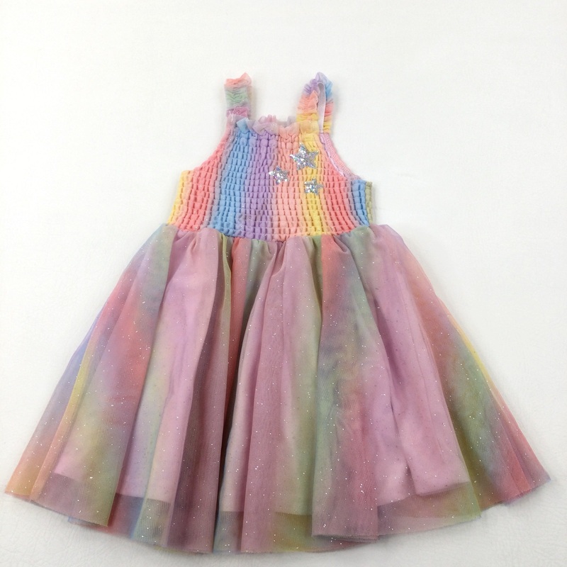 Sequin Stars Glittery Pastel Rainbow Party Dress - Girls 4 Years