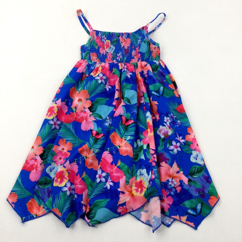 Tropical Flowers Blue Lightweight Party Dress - Girls 3-4 Years