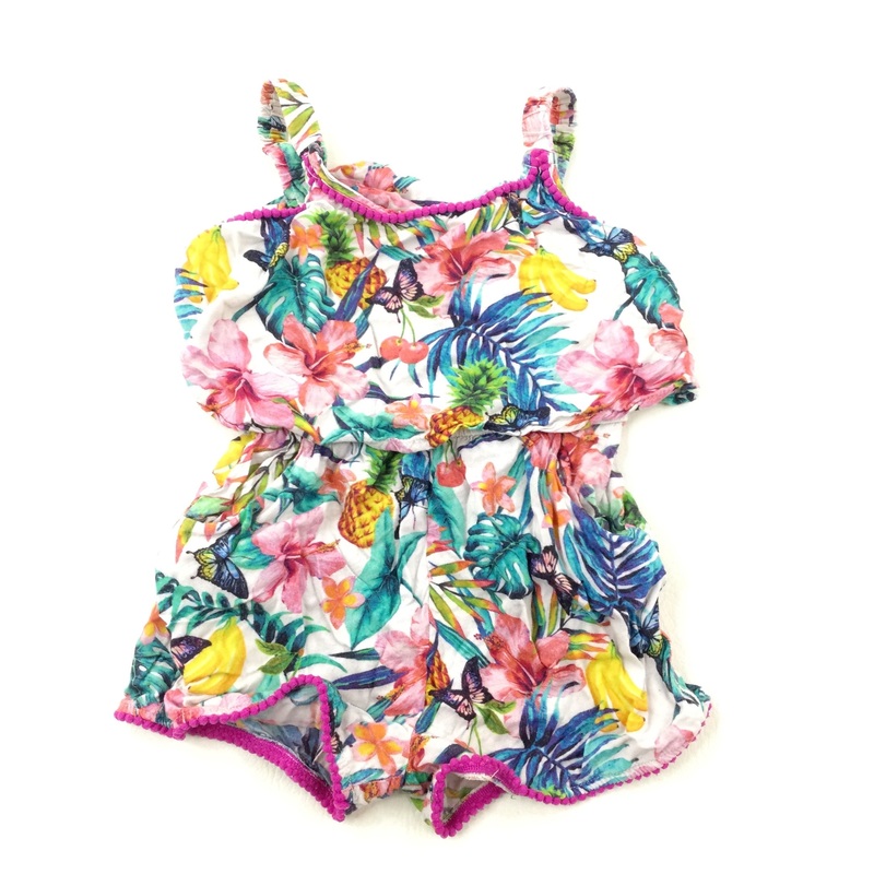 Tropical Flowers & Fruit Faux Layered Playsuit - Girls 3-4 Years
