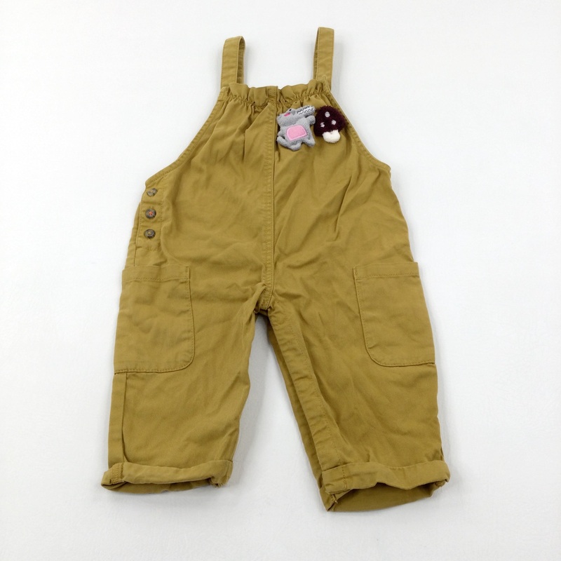 Crocodile & Mushroom Motif Mustard Dungarees - Girls 12-18 Months